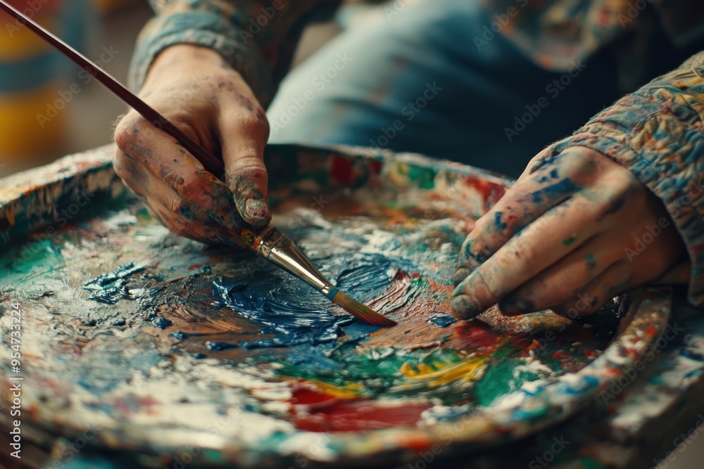 Obraz premium Detailed view of an artist's hands mixing vibrant colors on a paint palette, showcasing creativity and artistic expression.