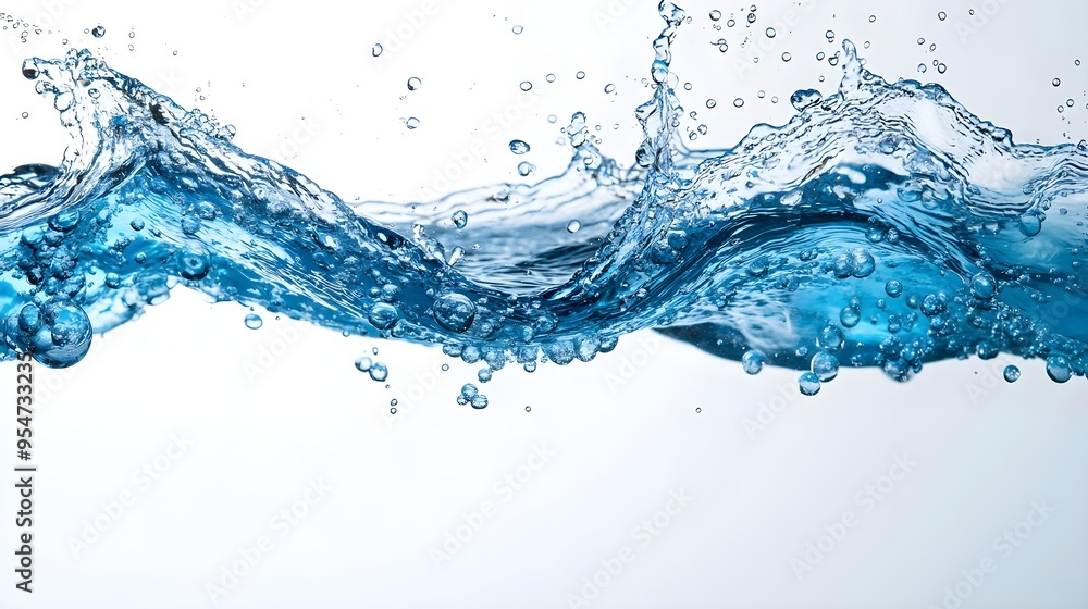 Splashing Water, Blue Waves, Bubbles, White Background Splashing Water, Blue Waves, Bubbles, White Background