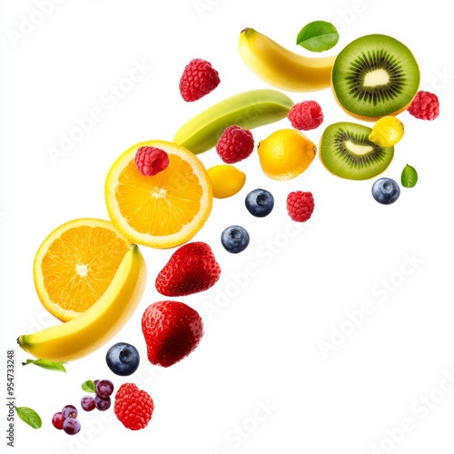 Flying different fresh fruits in air on white background. Falling fruits mix multifruit