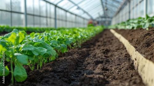 Greenhouse with plants, Alternate plantings. Soil rest. photo