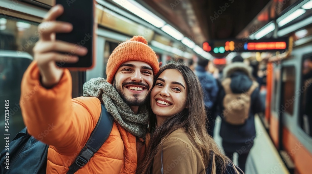 Obraz premium Portrait of a happy friends or a couple taking selfie with a smartphone in subway train or railway station. Relationship concept with young people having fun and taking a photo while waiting train. 