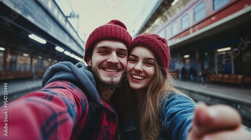 Portrait of a happy friends or a couple taking selfie with a smartphone in subway train or railway station. Relationship concept with young people having fun and taking a photo while waiting train. 