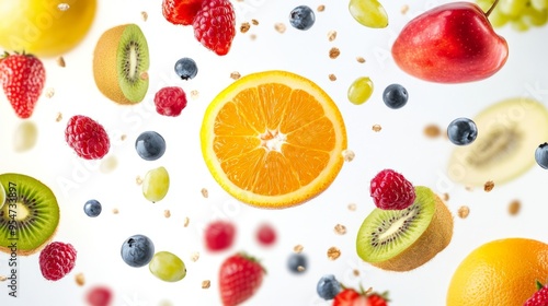 Flying different fresh fruits in air on white background. Falling fruits mix multifruit photo