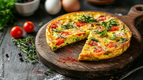 Egg Frittata: Savory, homestyle flavors are highlighted in this fluffy egg frittata with vegetables, served on a rustic wooden board against the backdrop of a farmhouse kitchen. photo