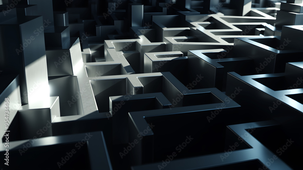 An intricate 3D maze with metallic walls and sharp, geometric edges casting dramatic shadows An intricate 3D maze with metallic walls and sharp, geometric edges casting dramatic shadows