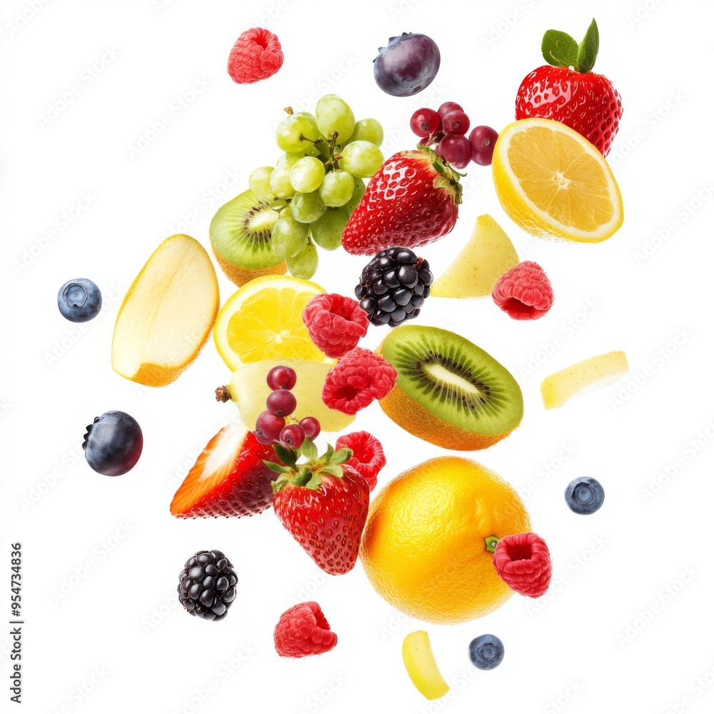 Flying different fresh fruits in air on white background. Falling fruits mix multifruit Flying different fresh fruits in air on white background. Falling fruits mix multifruit