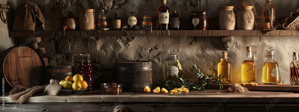 Rustic pantry with artisanal jars and bottles on a wooden shelf Rustic pantry with artisanal jars and bottles on a wooden shelf