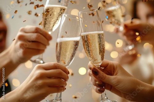 A group of people are celebrating with champagne glasses. New Year Concept