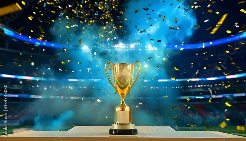 Shiny golden trophy placed on the podium floor, success concept, confetti falling from above, blue smoke and glow. Prize or reward for the winner and champion ceremony, contest triumph stadium stage
