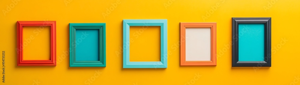 Colorful empty picture frames on a vibrant yellow background, arranged in a row, creating a playful and artistic display. Colorful empty picture frames on a vibrant yellow background, arranged in a row, creating a playful and artistic display.