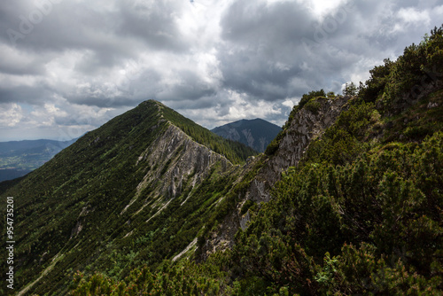 Mountain hiking at Brecherspitze mountain, Bavaria, Germany in summertime