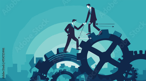 Businessman Partners Rotate Cogwheel to Raise Arrow, Implementing Strategies for Business Growth and Profitability