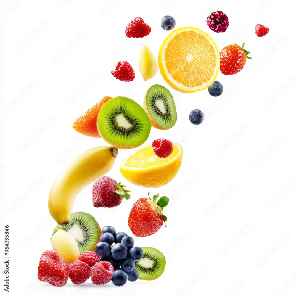 Flying different fresh fruits in air on white background. Falling fruits mix multifruit Flying different fresh fruits in air on white background. Falling fruits mix multifruit