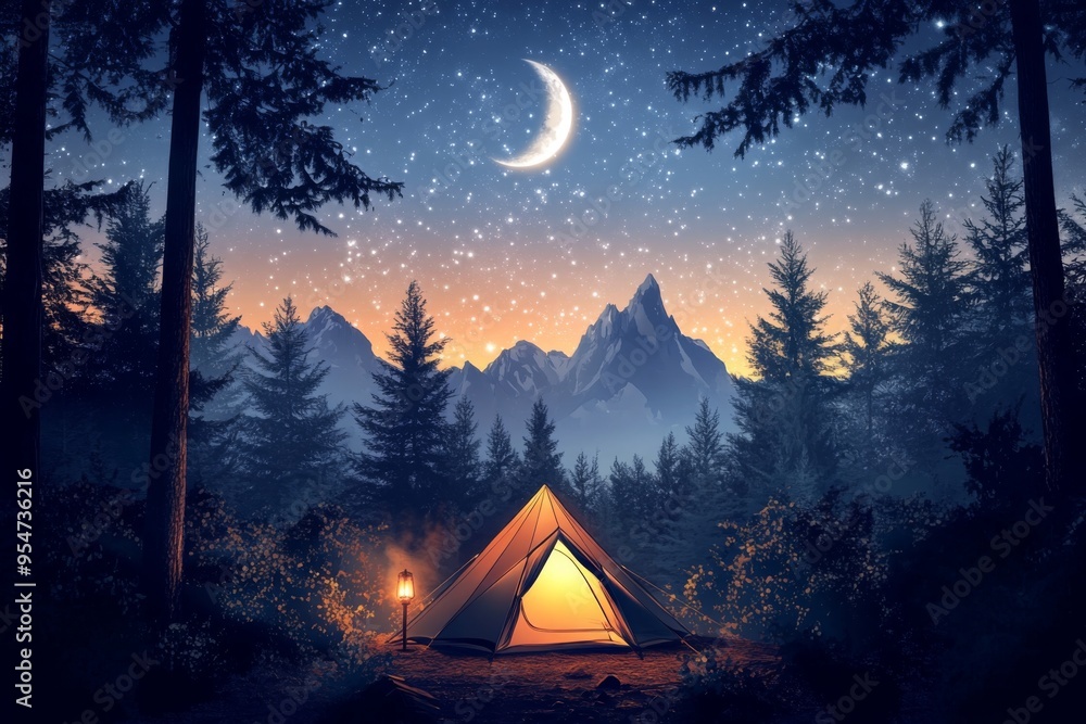 a cozy camping tent aglow with lantern light, nestled among the trees of a dense pine forest, with the rugged silhouette of rocky mountains rising up behind, under a celestial canvas of a cozy camping tent aglow with lantern light, nestled among the trees of a dense pine forest, with the rugged silhouette of rocky mountains rising up behind, under a celestial canvas of