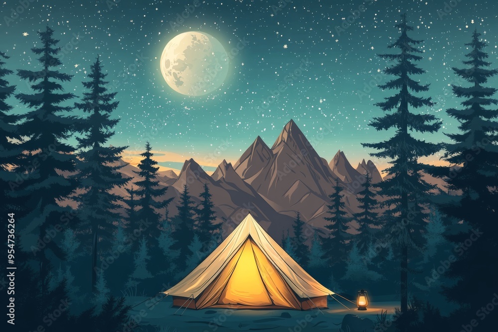 a cozy camping tent aglow with lantern light, nestled among the trees of a dense pine forest, with the rugged silhouette of rocky mountains rising up behind, under a celestial canvas of a cozy camping tent aglow with lantern light, nestled among the trees of a dense pine forest, with the rugged silhouette of rocky mountains rising up behind, under a celestial canvas of