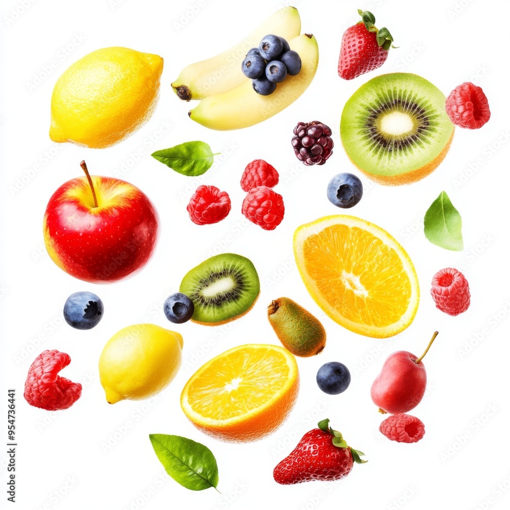 Flying different fresh fruits in air on white background. Falling fruits mix multifruit Flying different fresh fruits in air on white background. Falling fruits mix multifruit