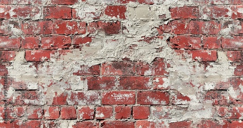 Old red brick wall with cracked plaster. Aged weathered surface with a distressed texture, ideal for design backgrounds, banners or architectural projects.