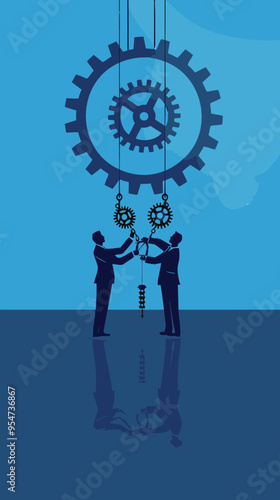 Businessman Partners Rotate Cogwheel to Raise Arrow, Implementing Strategies for Business Growth and Profitability