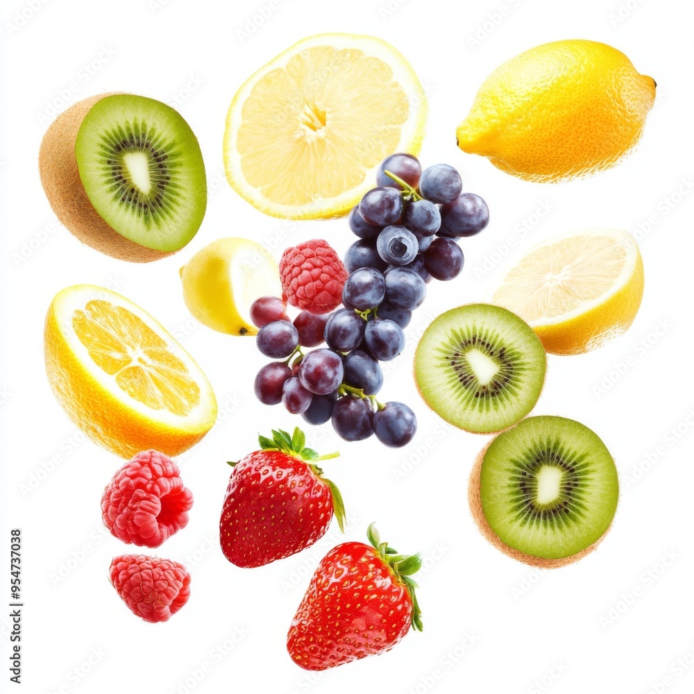Flying different fresh fruits in air on white background. Falling fruits mix multifruit Flying different fresh fruits in air on white background. Falling fruits mix multifruit