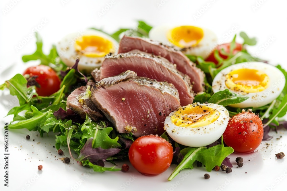 a delicate arrangement of seared tuna, anchovy fillets, and halved eggs on a bed of crisp mixed greens, surrounded by cherry tomatoes and a light vinaigrette drizzle a delicate arrangement of seared tuna, anchovy fillets, and halved eggs on a bed of crisp mixed greens, surrounded by cherry tomatoes and a light vinaigrette drizzle