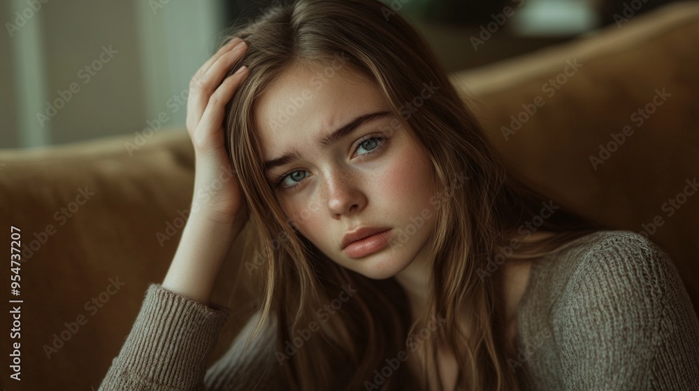 Fototapeta premium A contemplative young woman sits on a cozy couch, lost in thought. Her long hair beautifully frames her face, expressing a mix of emotions. Perfect for portraying introspection and mood. AI
