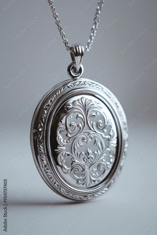 a detailed image of a polished silver locket on a pale gray background, the locket's ornate patterns and hinges reflecting the light a detailed image of a polished silver locket on a pale gray background, the locket's ornate patterns and hinges reflecting the light