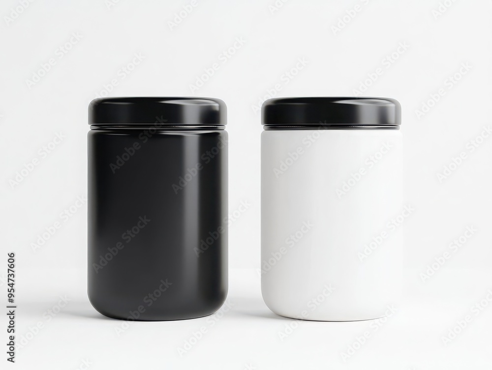 Modern black and white jars with lids, perfect for storage or decoration in contemporary settings. Modern black and white jars with lids, perfect for storage or decoration in contemporary settings.