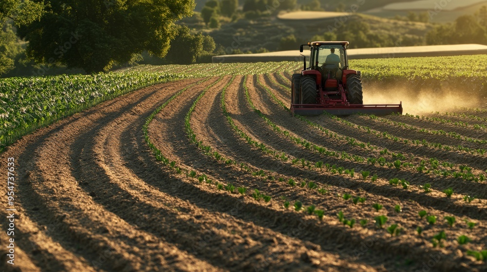 Fototapeta premium Tractor plowing a vast farmland with lush green fields in the background during a sunny day, highlighting agricultural machinery in use.