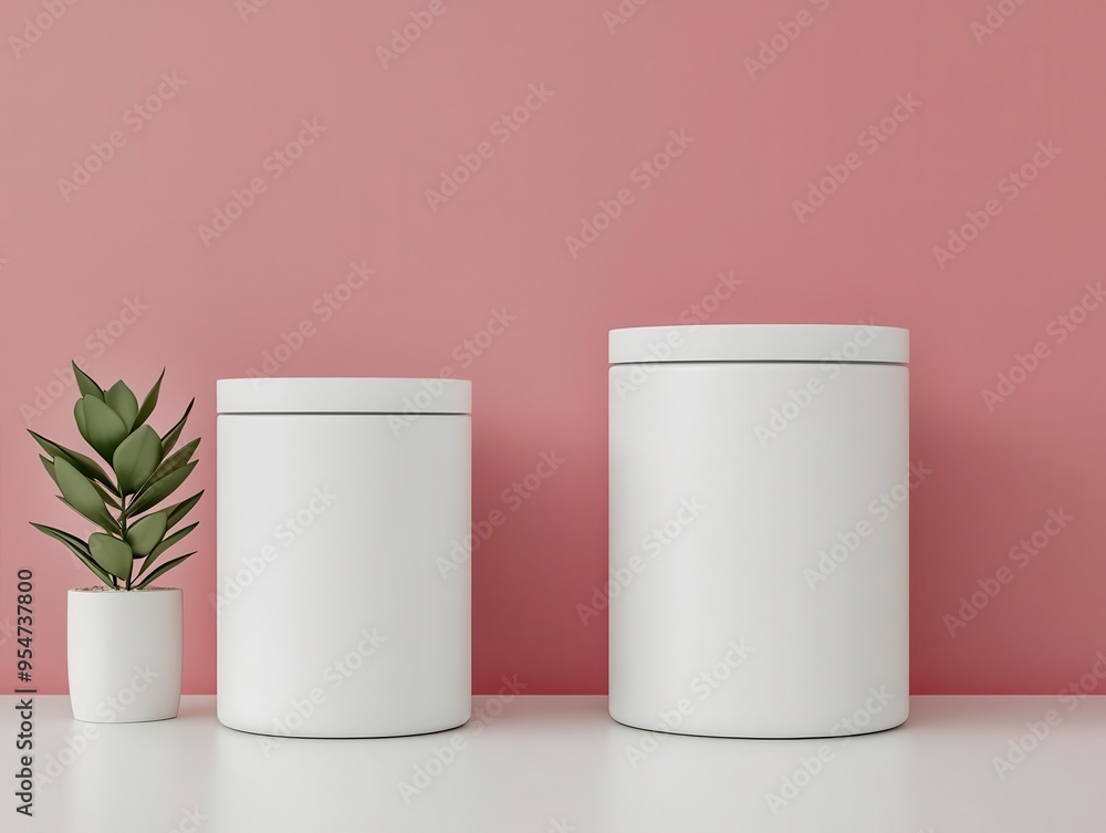 Minimalist design featuring two white containers and a small plant against a soft pink wall, perfect for modern decor.