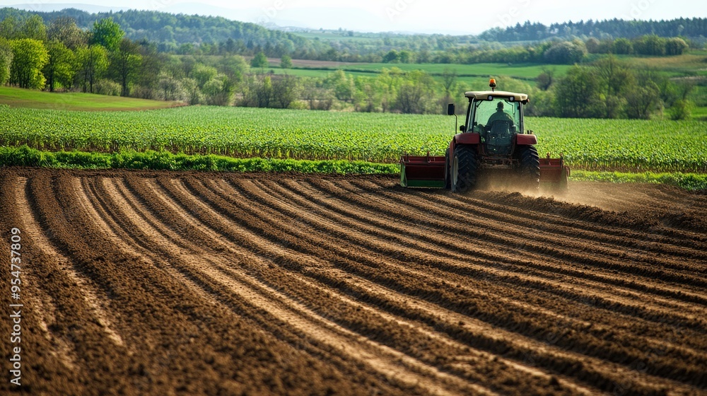 Fototapeta premium Tractor plowing a vast, freshly tilled field on a sunny day, with lush green hills in the background, showcasing agricultural activity in the countryside.