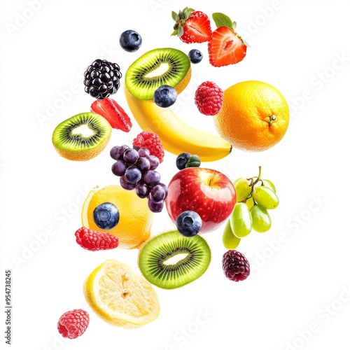 Flying different fresh fruits in air on white background. Falling fruits mix multifruit