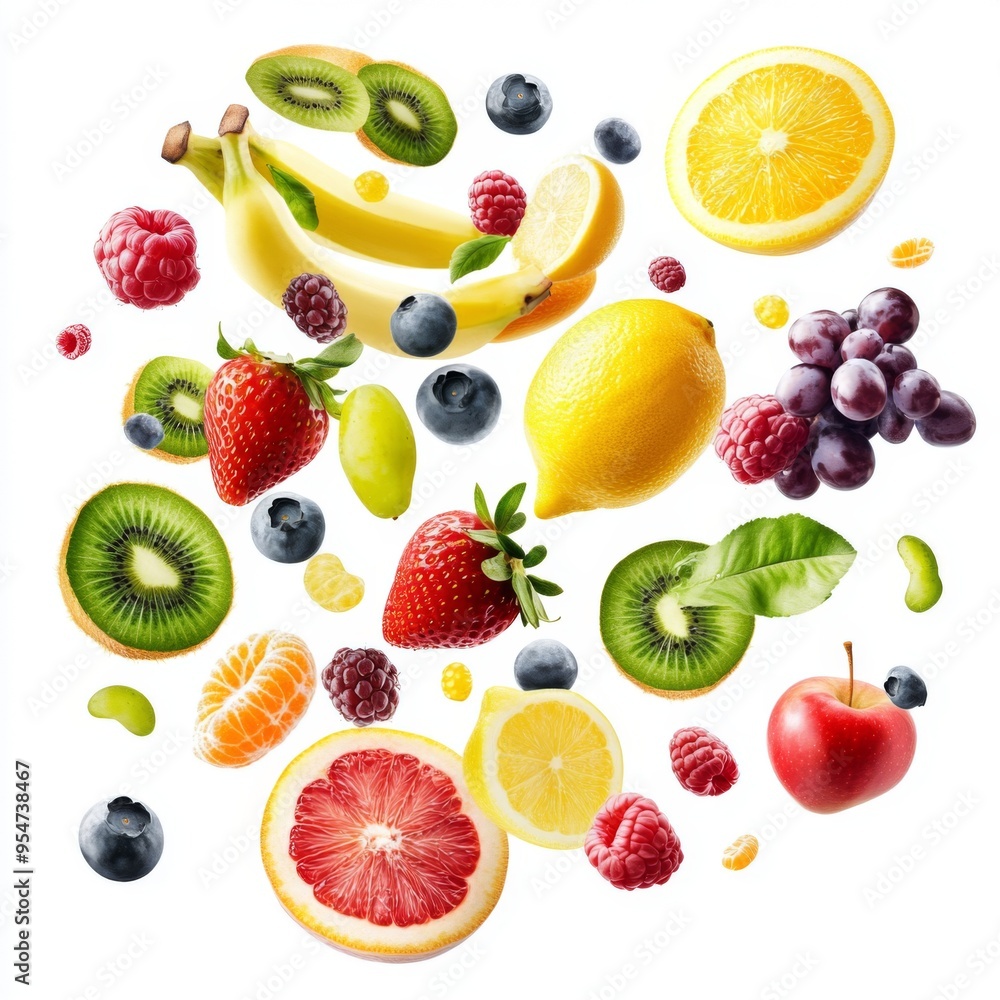 Flying different fresh fruits in air on white background. Falling fruits mix multifruit Flying different fresh fruits in air on white background. Falling fruits mix multifruit