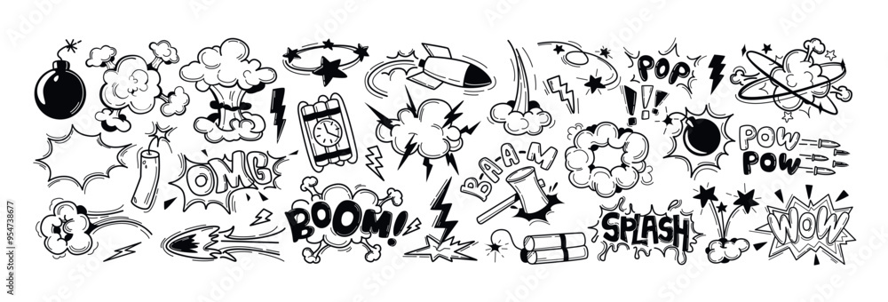 Fototapeta premium Set of black comic book sound blast, cartoon bomb explosions, crash or bang effect. Doodle hand drawn speech bubbles with pow, splash, bam, wow, omg words. Smoke exclamation elements, dynamite explode