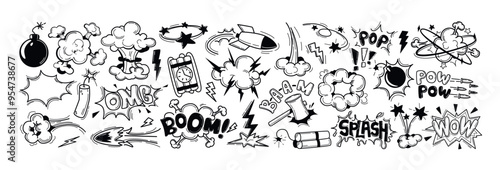 Set of black comic book sound blast, cartoon bomb explosions, crash or bang effect. Doodle hand drawn speech bubbles with pow, splash, bam, wow, omg words. Smoke exclamation elements, dynamite explode