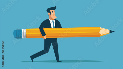 Confident Businessman Carrying Big Pencil, Thinking to Write Lengthy To-Do List on Long Paper, Representing Productivity and Task Management