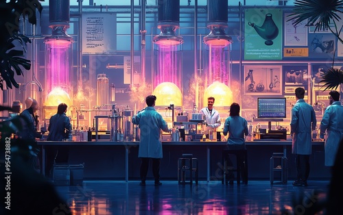 Create a vibrant laboratory setting where scientists celebrate a breakthrough in eliminating forever chemicals and PFAS