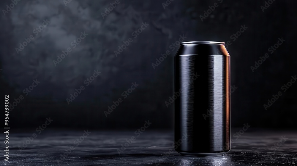 A sleek, black aluminum can stands elegantly against a dark background, highlighting its modern design and minimalist style. A sleek, black aluminum can stands elegantly against a dark background, highlighting its modern design and minimalist style.