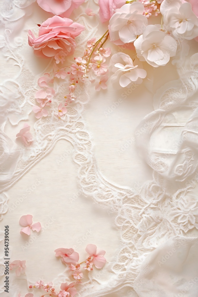 Elegant Pink and White Floral Border with Lace Accent, Delicate Flower Frame on Soft Lace Background Elegant Pink and White Floral Border with Lace Accent, Delicate Flower Frame on Soft Lace Background