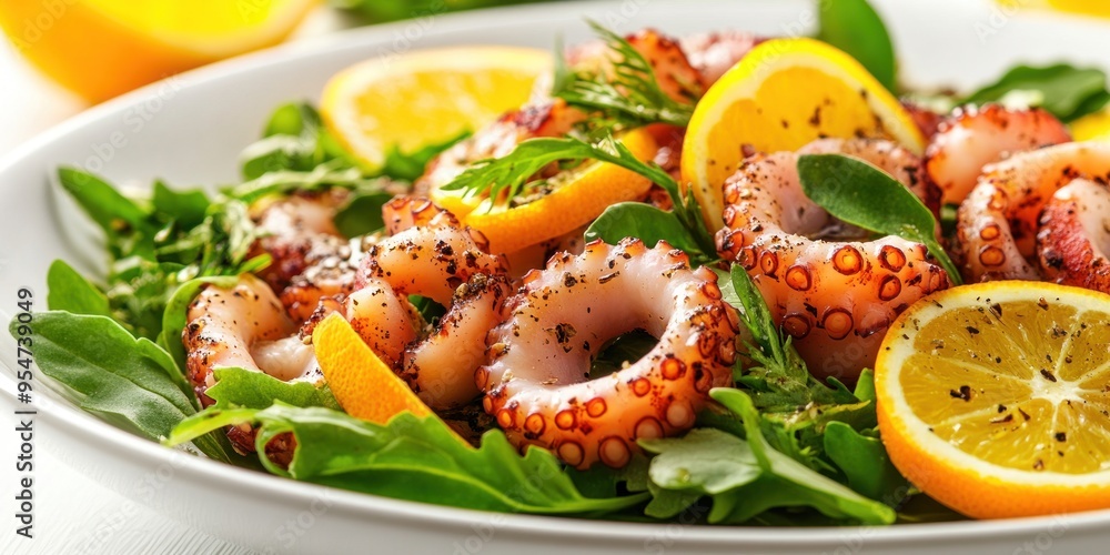 Close-up of Grilled Octopus Salad with Lemon and Greens Close-up of Grilled Octopus Salad with Lemon and Greens