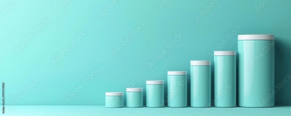 A series of turquoise containers arranged in ascending order on a smooth surface, showcasing modern design and color harmony. A series of turquoise containers arranged in ascending order on a smooth surface, showcasing modern design and color harmony.