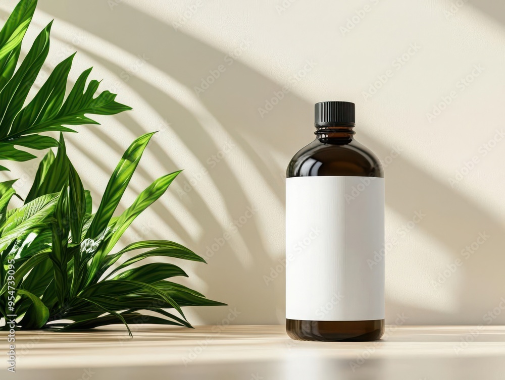 A sleek amber glass bottle with a blank label, surrounded by lush green leaves, ideal for product photography. A sleek amber glass bottle with a blank label, surrounded by lush green leaves, ideal for product photography.