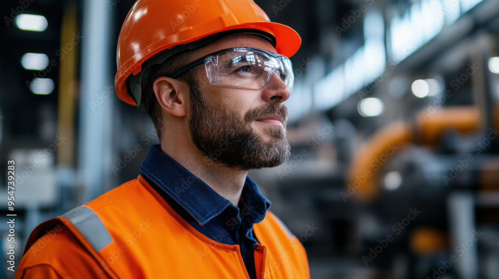 Portrait of a construction worker wearing safety gear, including a hard hat and goggles, looking ahead in an industrial setting. Portrait of a construction worker wearing safety gear, including a hard hat and goggles, looking ahead in an industrial setting.