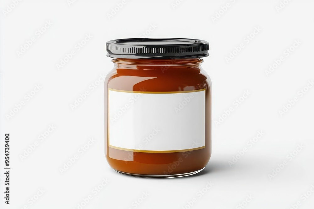 A clear jar with a black lid, filled with rich brown sauce, featuring a blank label for customizable branding. A clear jar with a black lid, filled with rich brown sauce, featuring a blank label for customizable branding.