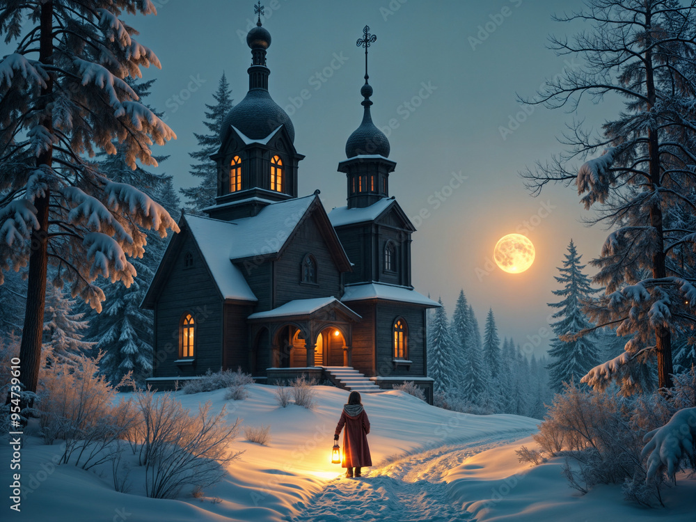 child walking with lamp to old wooden temple, Christmas decorations. Generative AI child walking with lamp to old wooden temple, Christmas decorations. Generative AI