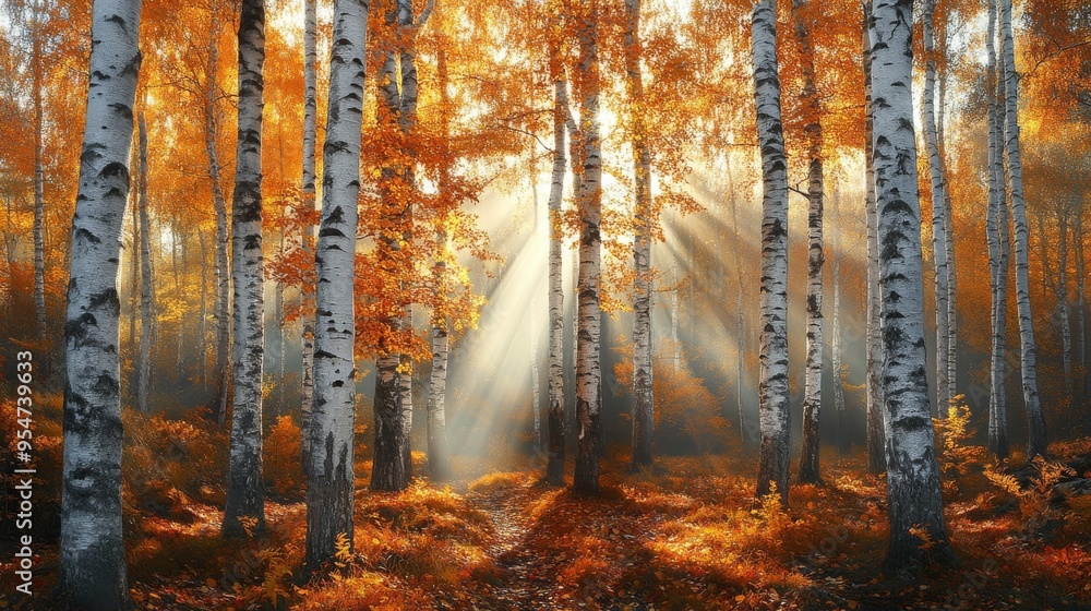 Obraz premium Sunbeams Illuminating an Autumnal Birch Forest