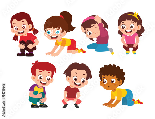 Set of cute little crouching kids cartoon characters with various gesture, Preschool boys and girls squatting and crawling, crouching protecting head with hand. Flat vector illustration.