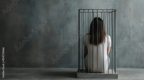 A somber scene of a woman sitting alone in a small cage against a dark, textured background, symbolizing feelings of entrapment, isolation, and despair photo