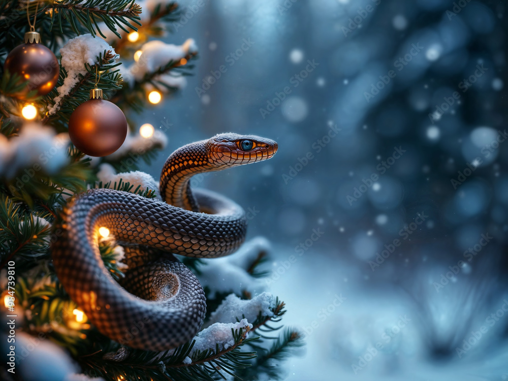 Elegant and charming snake symbol of the year on decorative Christmas background . Generative AI Elegant and charming snake symbol of the year on decorative Christmas background . Generative AI
