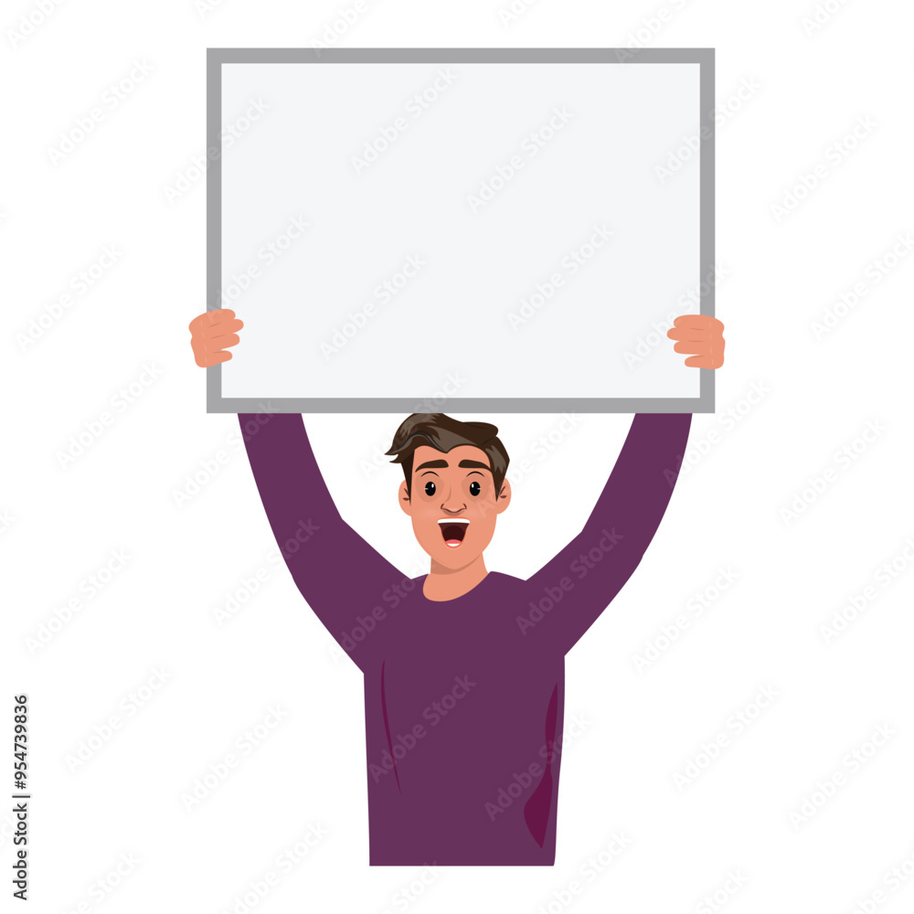 Cheerful youth holding an empty banner above, eager for personalised messages