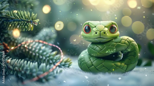 Green little snake is sitting by the Christmas tree, in the style of iconic pop culture caricatures, cute and dreamy